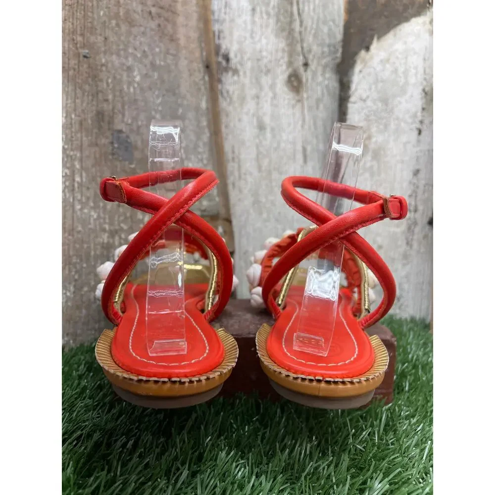 Tory Burch Sinclair Seashell Ankle-Wrap Sandal Coral Orange Red Women's 9.5M